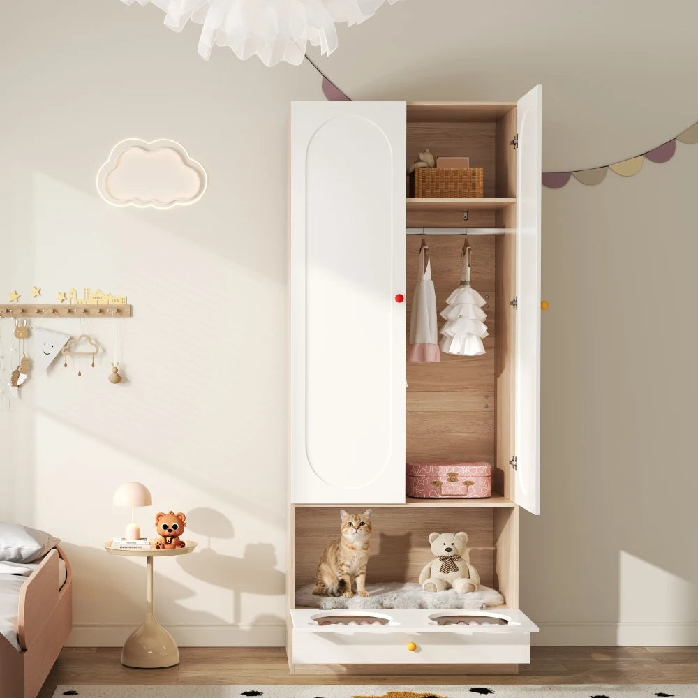80x50x200cm Kids Wardrobe with Hanging Rod Integrated Cat Bed Design Lacquered Board and Particle Board with Colorful Ceramic Handles White and Natural Wood Color Multifunctional Storage Cabinet Suitable for Bedroom Home Furn