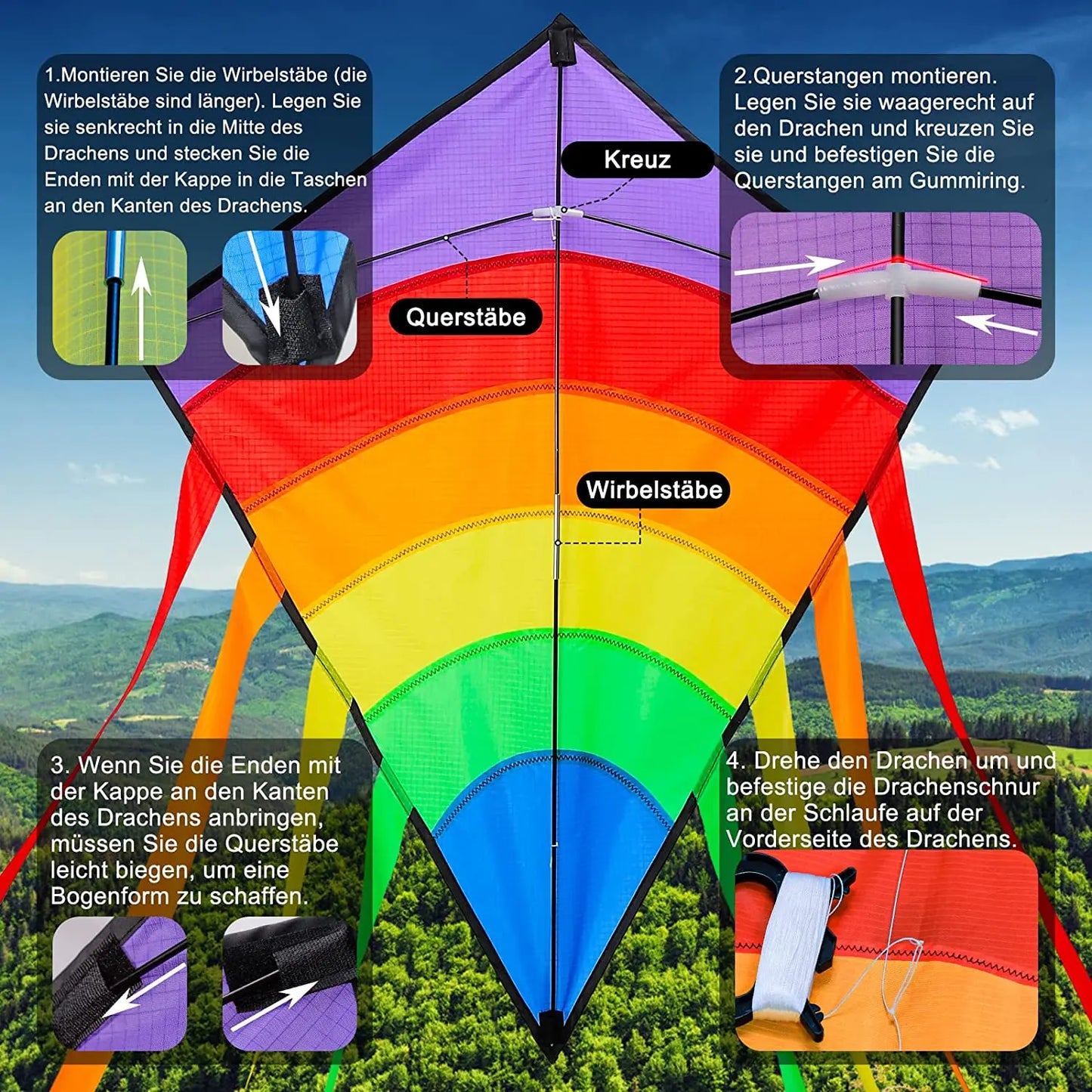 Rainbow Strip Spliced Diamond Rhombus Kite Lightweight Wind Resistant Fabric Easy Launch Stable Flight Foldable Portable Outdoor Flying Toy for Kids & Adults