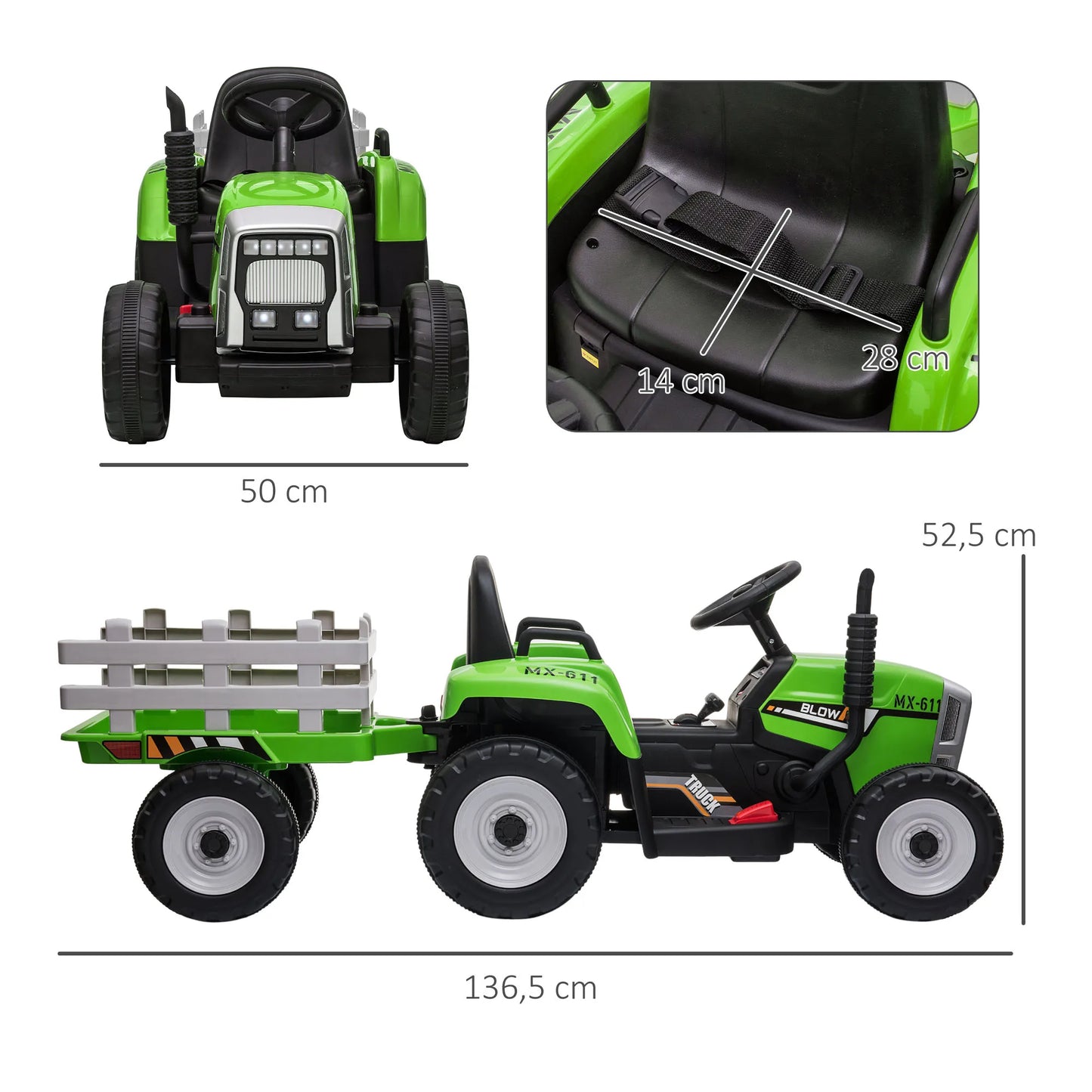 Electric Car for Children, Tractor for Children, with Parental Remote Control, Size 136.5x50x52.5 cm