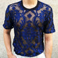 Sexy Round Neck T Shirt Soft Velvet Slim Men Clothing Nightclub Short-sleeved Top Quality Transparent Floral T Shirt See Through