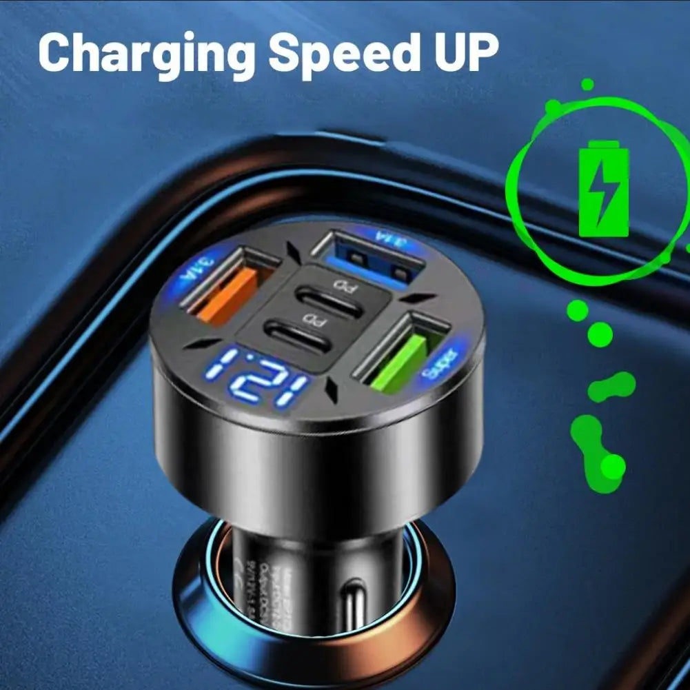 250W Car Charger 5 Ports LED Digital Display USB PD Type C Fast Charging Car Phone Charger Adapter For IPhone 15