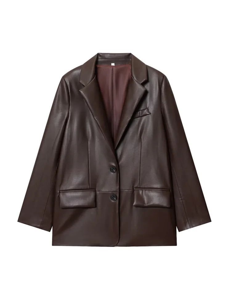 Women's Fashion Faux Leather Blazer Coat Loose Fit Old Money Style Long Sleeve Front Button Chic Outerwear Top