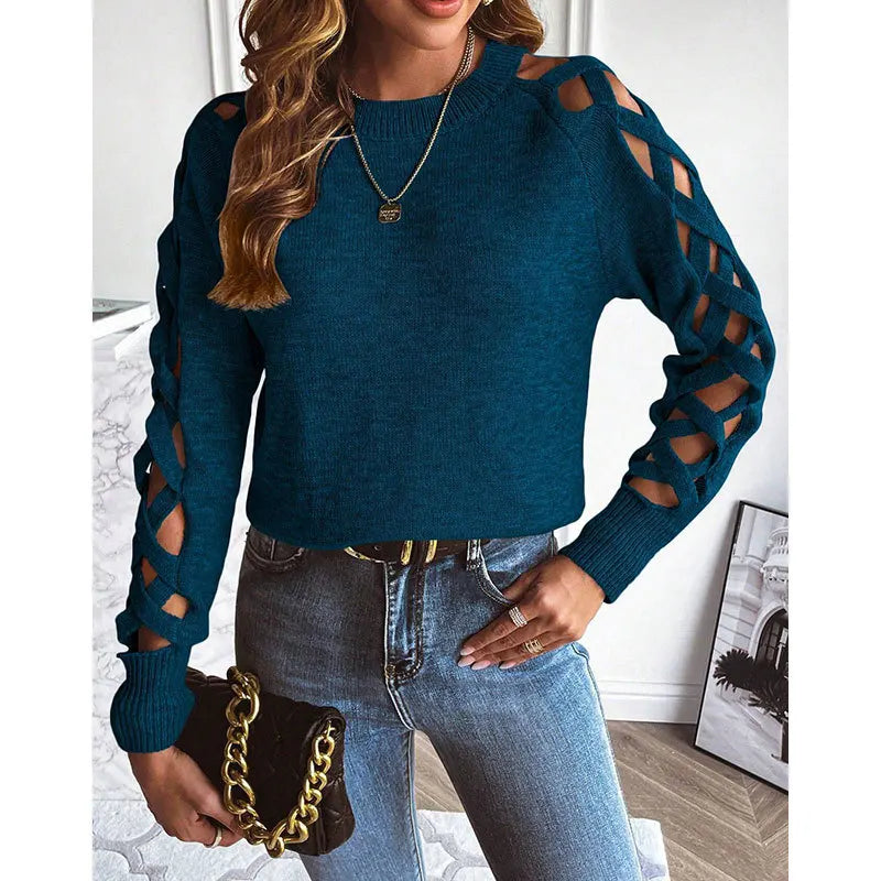 Women's Knitted Sweaters Arm Hollow Design Sweater Round Neck Long-sleeved Pullover Top Female Autumn Winter Casual Streetwear