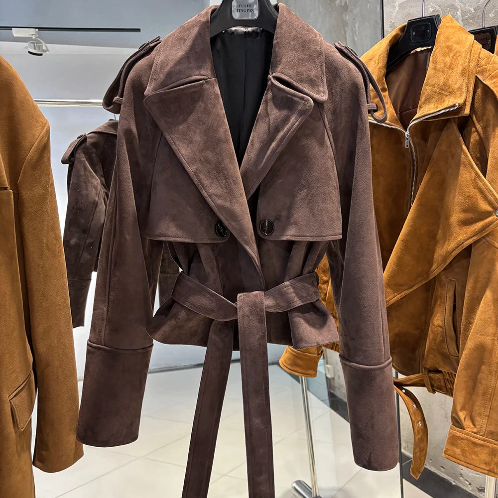 YOLOAgain Vintage Grain Leather Jacket Women Real Leather Sheepskin Jacket With Belt