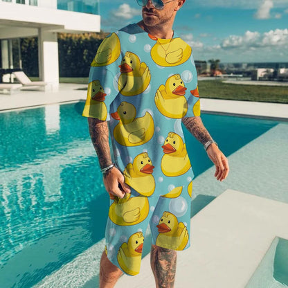 Cute duck 3D printed T-shirt shorts set for men's casual fashion loose short sleeved T-shirt pants set for men's lightweight and