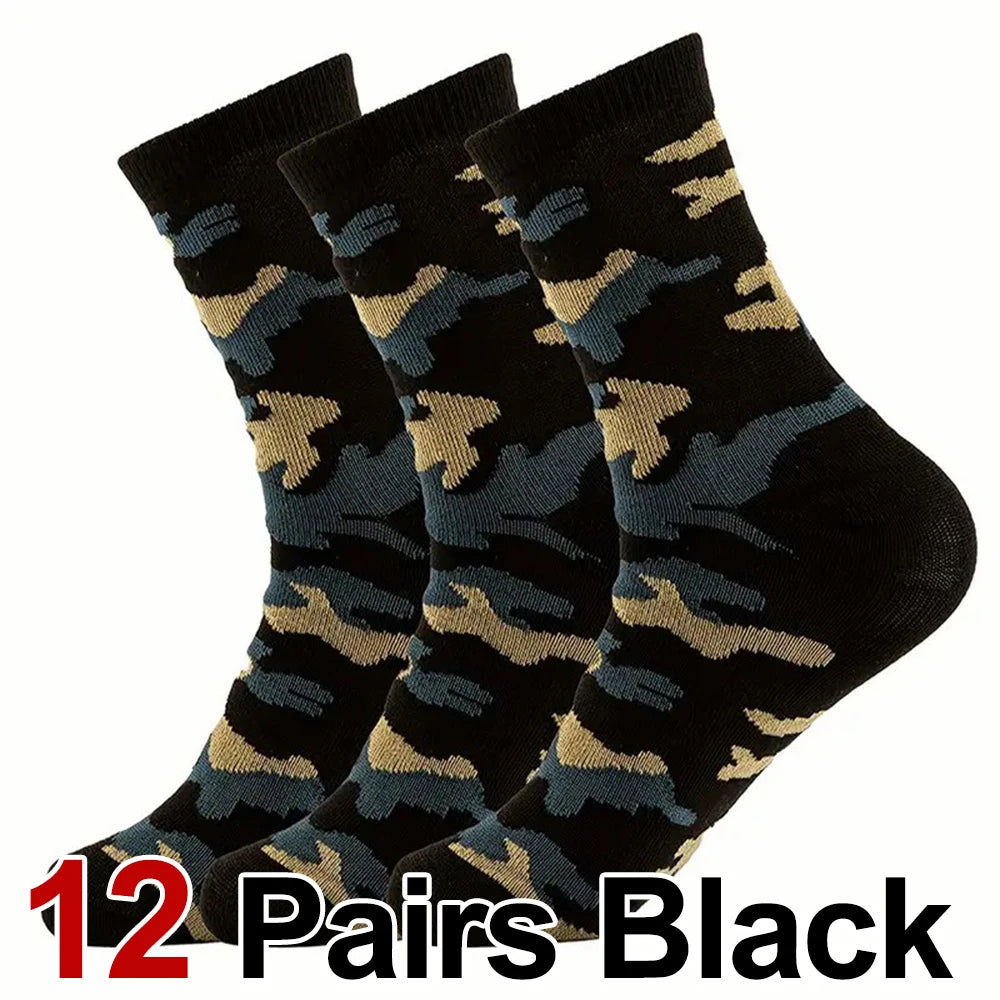3/12 Pairs Men Camouflage Mid Tube Socks Fashionable Street Style Odor Proof Sweat Absorbing Breathable All Season Casual Socks