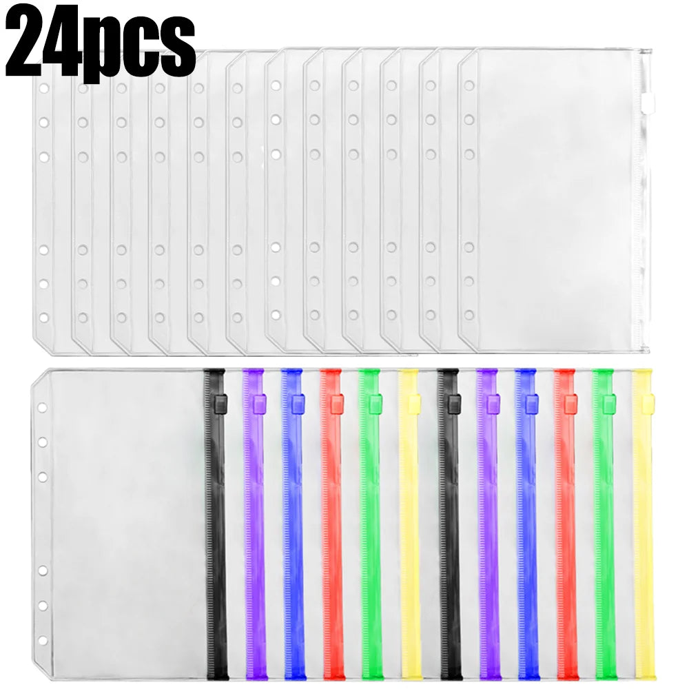 2-24Pcs Clear A6 6-Hole Binder Pockets Waterproof PVC Organizer Cash Budget Envelopes Zipper Binder Pouches for Notebook Planner