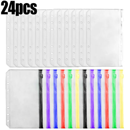 2-24Pcs Clear A6 6-Hole Binder Pockets Waterproof PVC Organizer Cash Budget Envelopes Zipper Binder Pouches for Notebook Planner
