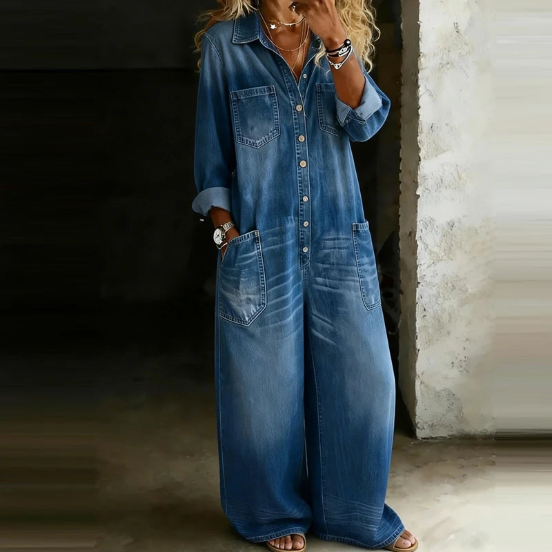 Casual Lapel Button Commute High Waist Romper Spring Summer Lady Playsuits Overalls Vintage Denim Long Sleeve Wide Leg Jumpsuits