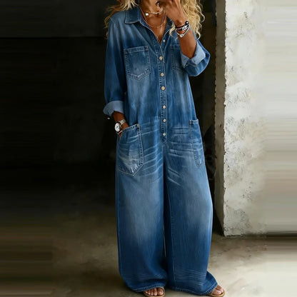 Casual Lapel Button Commute High Waist Romper Spring Summer Lady Playsuits Overalls Vintage Denim Long Sleeve Wide Leg Jumpsuits
