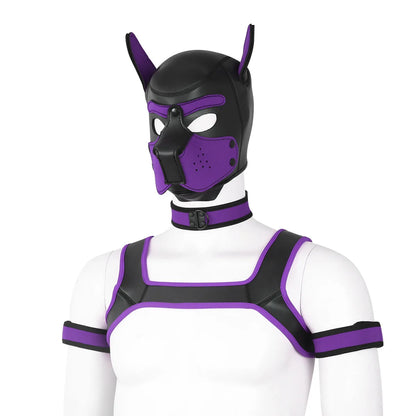 Large Size Puppy Cosplay Neoprene Fetish Hood Mask Kit with Chest Strap Collar Armband Sex Costumes for Bdsm Slave Role Play