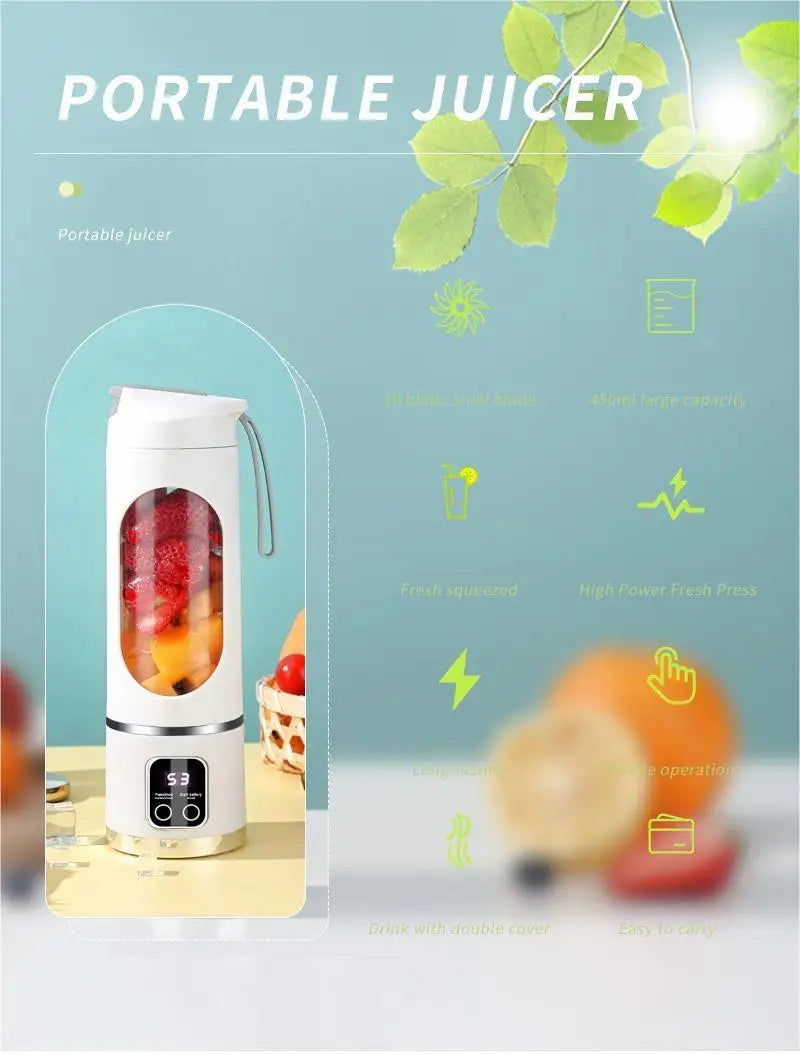 10 ašmenų nešiojamas vaisių sulčiaspaudė, 450 ml talpa, 3 pavaros, įkraunamas per USB, trintuvas, ledo smulkintuvas kokteiliams ir tirštiesiems kokteiliams, sulčiaspaudės puodelis