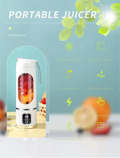 10 ašmenų nešiojamas vaisių sulčiaspaudė, 450 ml talpa, 3 pavaros, įkraunamas per USB, trintuvas, ledo smulkintuvas kokteiliams ir tirštiesiems kokteiliams, sulčiaspaudės puodelis