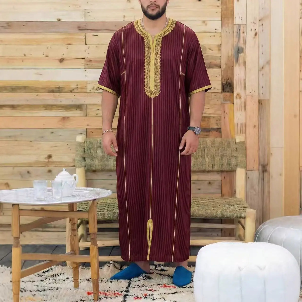 Muslim Men's Morocco Gandoura Thobe Loose Short Sleeves Gorgeous Embroidery Comfortable Islamic Men's Traditional Clothing Party