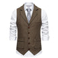 Men's Retro Lapel Chain Vest Fashion Herringbone Coarse Tweed Pockets Suit Vest British Casual Vintage Gentleman Leisure Party