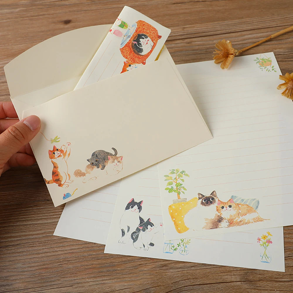 A Set of 36 Letter Writing Sets with Cats as the Theme, Including 24 Thread Draft Letters and 12 Matching Envelopes