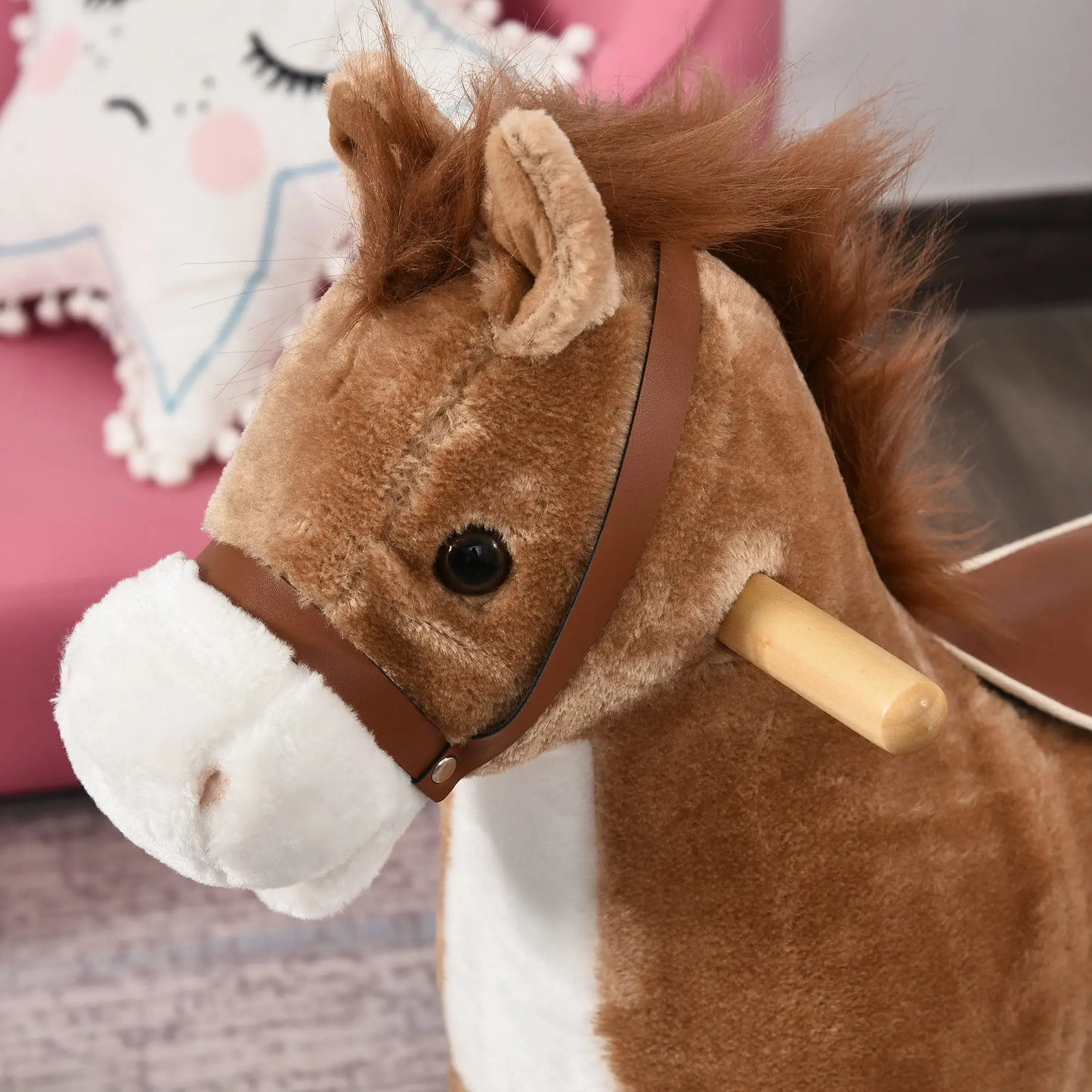 Children's Rocking Horse, Comfortable and Soft, Short Plush, Poplar, Brown, 65 L X 32.5 L X 61 H cm, Children's Rocking Horse, Toy Rocking Horse, Riding Rocking Horse, Children's Toy Rocking Horse