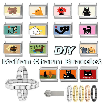 2026 Women's Funny Cat Bite Tail Elephant Dog Animals Italian Charm Link Fit 9mm Stainless Steel Module Bracelet Making Jewelrys