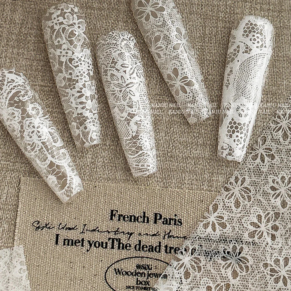 10 Rolls/Box New Black&White Lace Nail Transfer Stickers Sexy Lace Flower Full Wraps Nail Decals DIY French Manicure Decorations