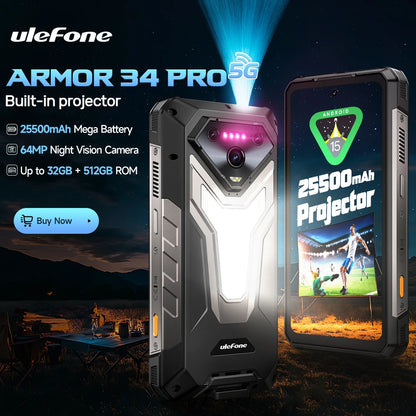 Ulefone Armor 34 Pro+ 5G Rugged Smartphone 16GB+512GB 25500mAh Built-in Projector 64MP Night Vision 6.95'' 120Hz NFC Android 15