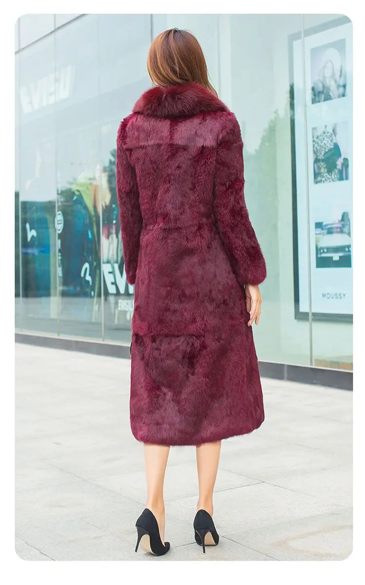 Real Rex Rabbit Fur Coat Women Autumn Winter Long Jacket Thick Warm New Fashion Fox Fur Collar Elegant Female Warm Outerwear