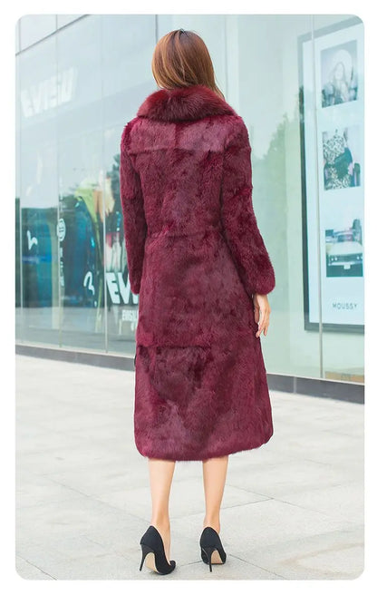 Real Rex Rabbit Fur Coat Women Autumn Winter Long Jacket Thick Warm New Fashion Fox Fur Collar Elegant Female Warm Outerwear