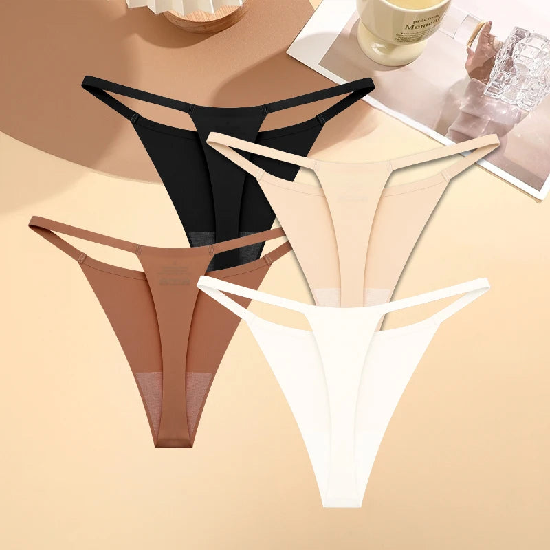 4PCS/Set Silk Seamless Thongs for Women Sexy Low Rise Panties Female Ultra Thin Breathable Underwear G-String T-Back Underpants