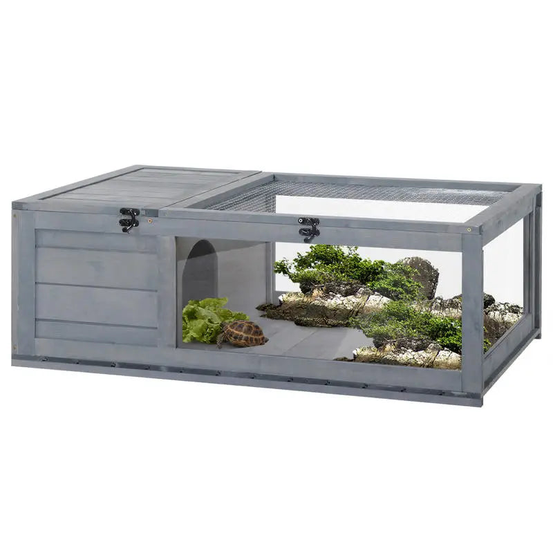 Enclosed House Cage Habitat for Small Animals Turtles with 2 Spaces 91 X 60.5 X 32 cm Solid Wood Gray