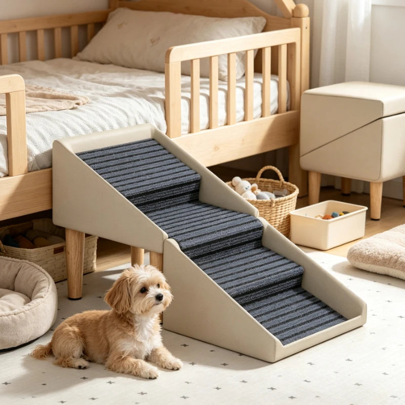 Foldable Pet Stairs and Stool 2 in 1 Non Slip Steps for Dogs Cats Bed Sofa Access Wooden Legs Storage Ottoman