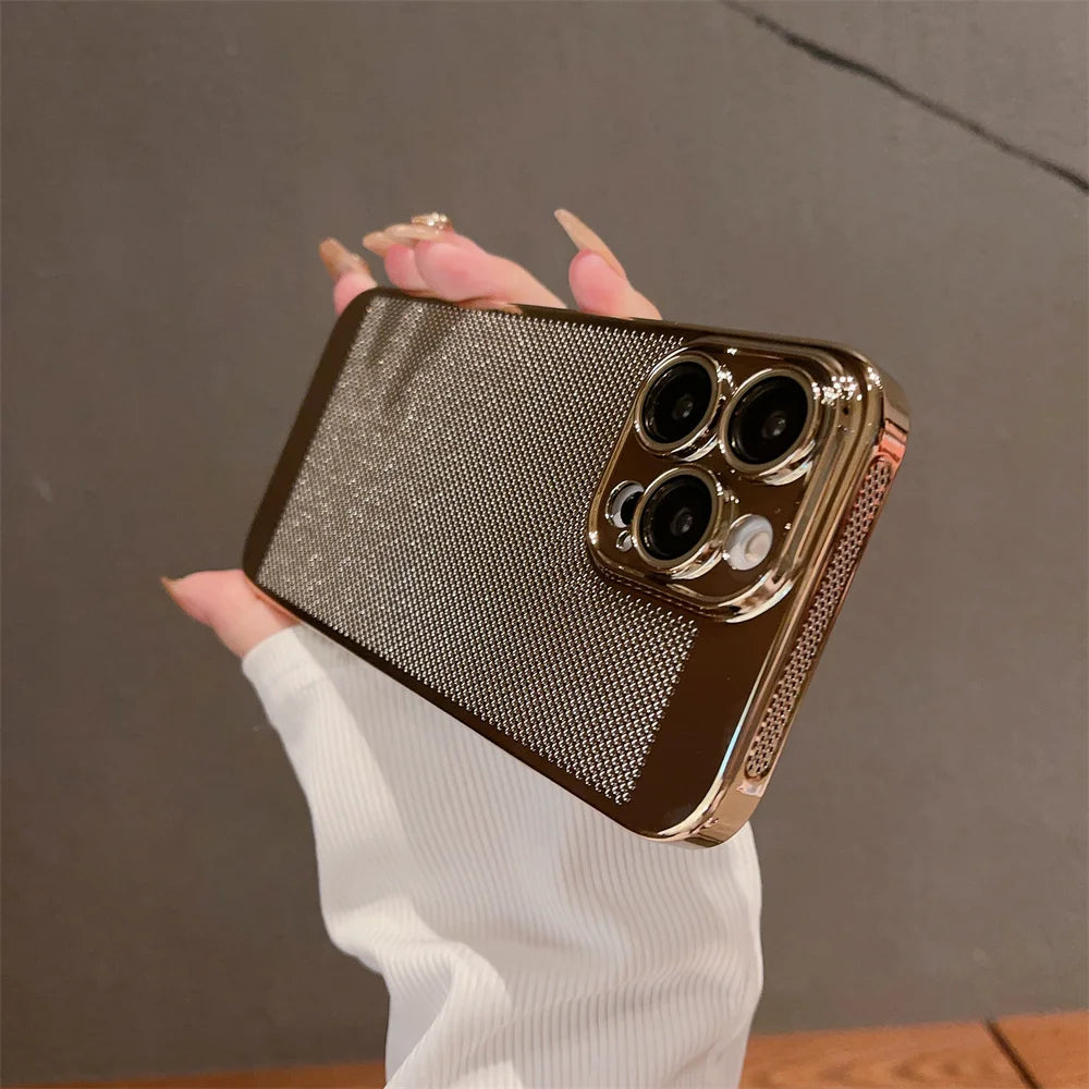 Luxury Plating Hollowed Out Case for iPhone 17 Pro 16 15 14 Pro Max Plus 13 12 Mini 11 17Air Heat Dissipation Shockproof Cover
