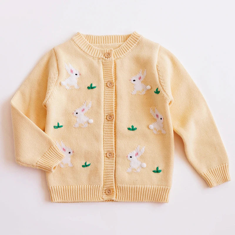 Baby Girls Embroidery Sweater Cardigan Autumn Fashion Cotton Floral Collar Kids Knitted Cardigan Rabbit Coat Outerwear Korean
