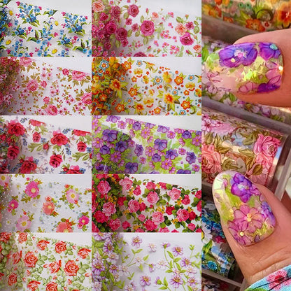 New Flower Nail Foils for Transfer Paper Stickers Floral Adhesive Fruit Nails Wraps Fish DIY Water Marble Nail Art Decorations