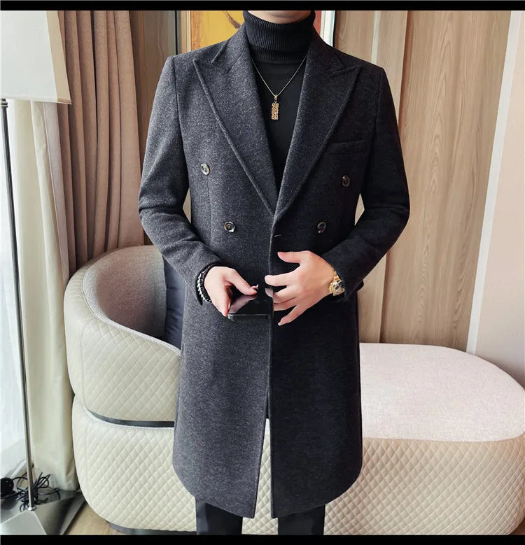 Autumn Winter Vintage Men's Woolen Long Coat Fashion Lapel High Quality Double Breasted Formal Men Slim Fit WindBreaker Overcoat