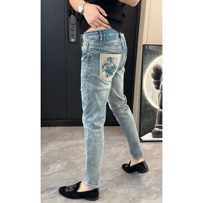 Summer New Slim-fit Men's Jeans Thin Brand Embroidery 2025 Designer Korean Style Clothes Casual Pants Luxury Fashion Pants