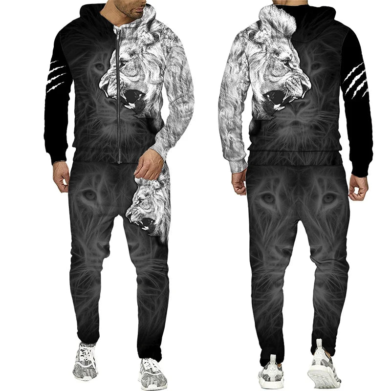 Spring and Autumn Men's Tracksuit 3D The Lion Print Zipper Hoodies Sweatshirts Pants Sets Casual Mens Clothing Women's Tracksuit