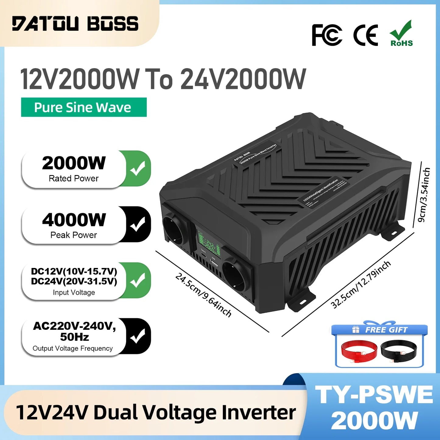 DATOUBOSS 2000W Pure Sine Wave Inverter DC12V-24V Auto Switching Portable Dual Voltage Car Inverter for RV Off-Grid Solar System