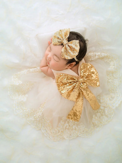 2pcs Newborn Photography Clothing Set Baby Girls' Princess Embroidered Mesh Dress Bowknot Lace Princess Skirt For Photo Shoot