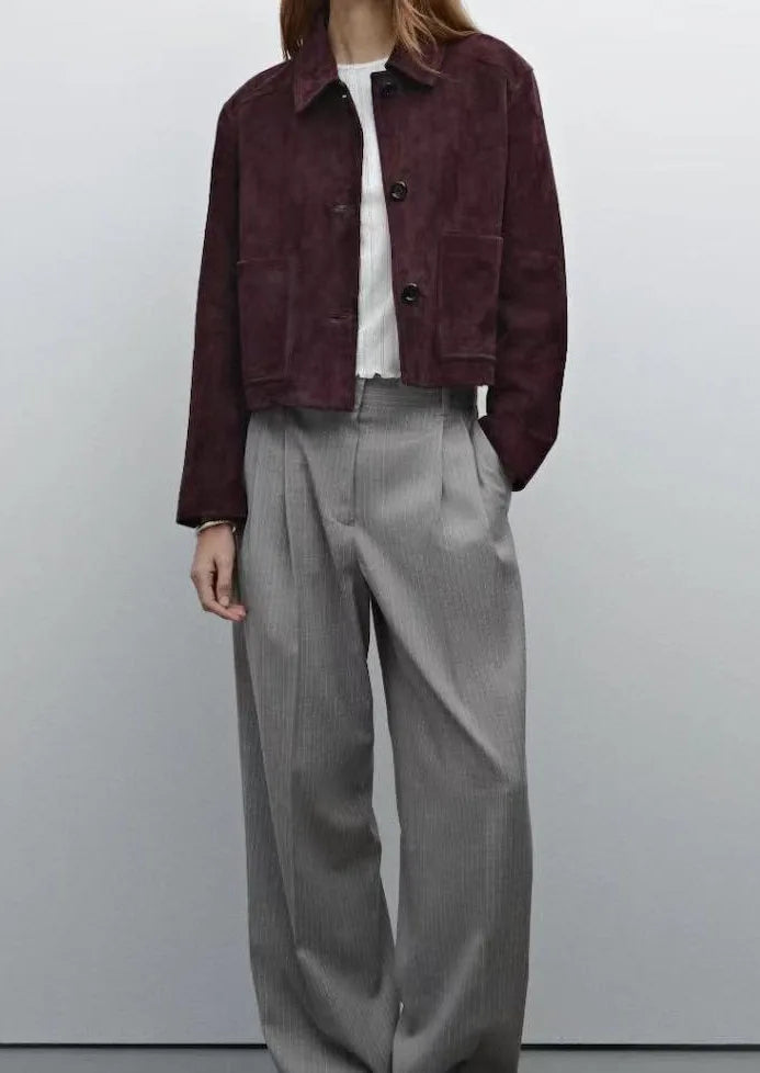 European Imported Kid Suede Leather Jacket for Woman High Grade Turn Down Collar Pocket Short Cropped Coat Long Sleeve Top Mujer