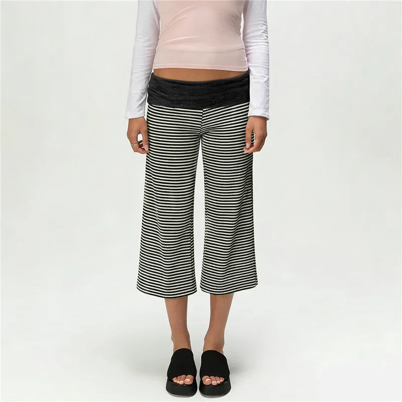 Women Fold Over Waist Gaucho Pants Low Rise Cropped Wide Leg Capri Pants Summer Foldover Culottes Yoga Pants Pajama Bottoms