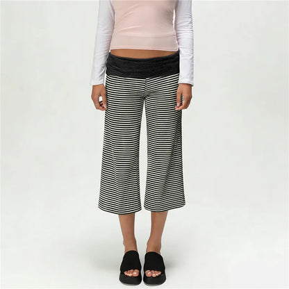 Women Fold Over Waist Gaucho Pants Low Rise Cropped Wide Leg Capri Pants Summer Foldover Culottes Yoga Pants Pajama Bottoms
