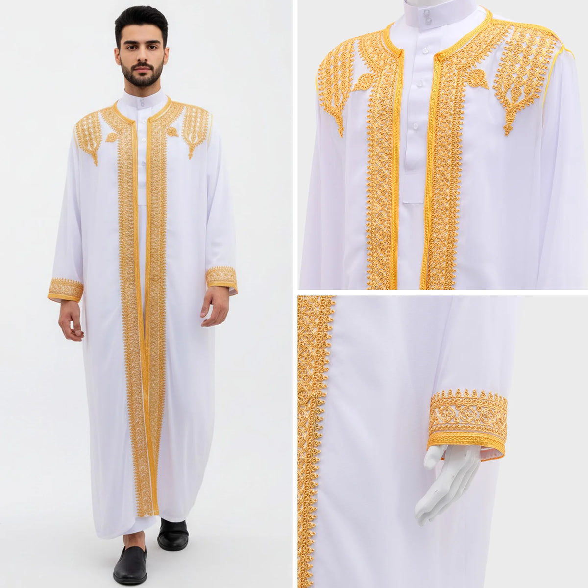 luxury Gold Embroidered Arab Traditional Long Robe Thobe Men's Formal Dress Middle East Ethnic Style Polyester Fiber