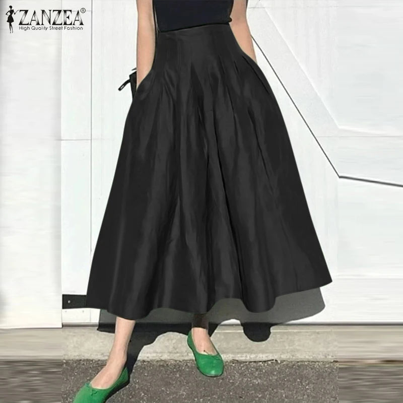 ZANZEA Fashion Holiday Faldas Mujer Casual Women Solid Color High Waist Jupe Femmes Elegant Commute Pleated Front Midi Skirts
