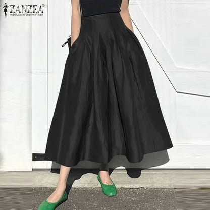 ZANZEA Fashion Holiday Faldas Mujer Casual Women Solid Color High Waist Jupe Femmes Elegant Commute Pleated Front Midi Skirts