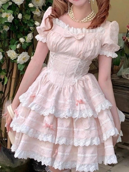 Kawaii Lovely Bow Lace Dress Women French Sweet Puff Sleeve Slim Cake Dresses Female Pretty Fairy Princess Dress Summer New