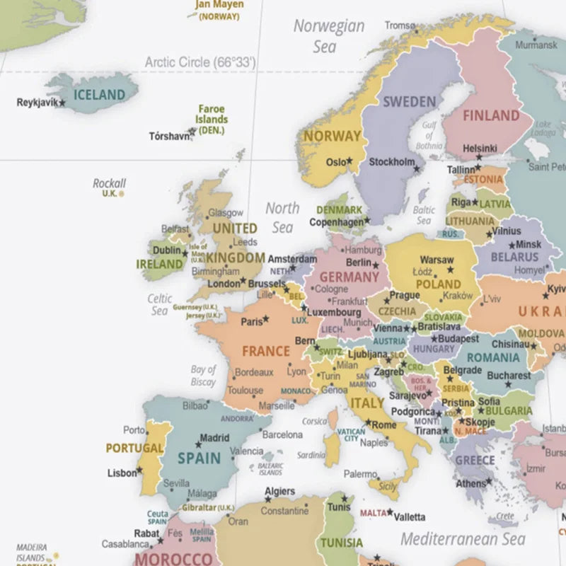 English Map Series-World Map-2019,Decorative Hanging Picture Decor Frameless,Geographical,Tourism/education Tools
