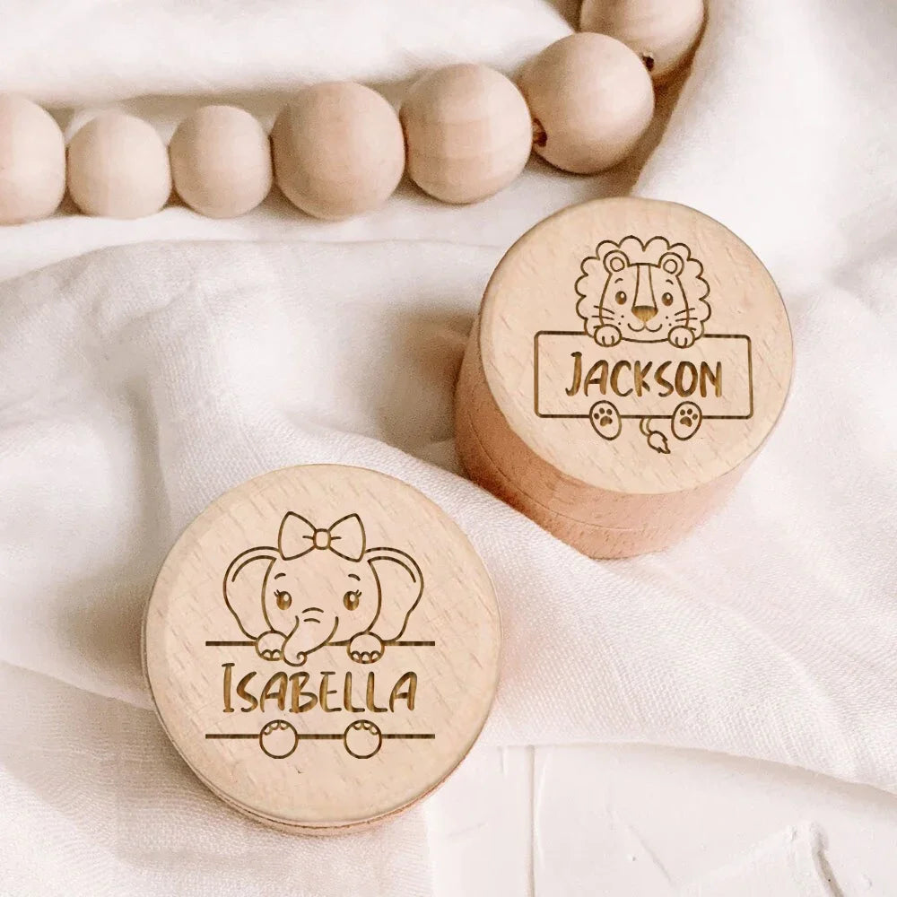 Personalised Baby First Tooth Wooden Boxes Milk Teeth Storage Collect Teeth Umbilical Save Animal with Name Keepsake Box Gifts