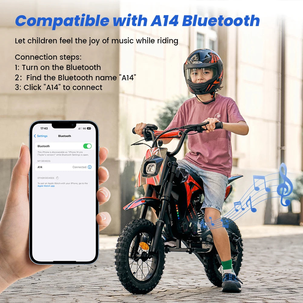 A14 Kids E-Moto Toy 500W Motor 22km Range 36V5.2Ah Battery 3 Speeds(27km/h) Dual Brakes Shock Absorbers Lights for Outdoor Fun
