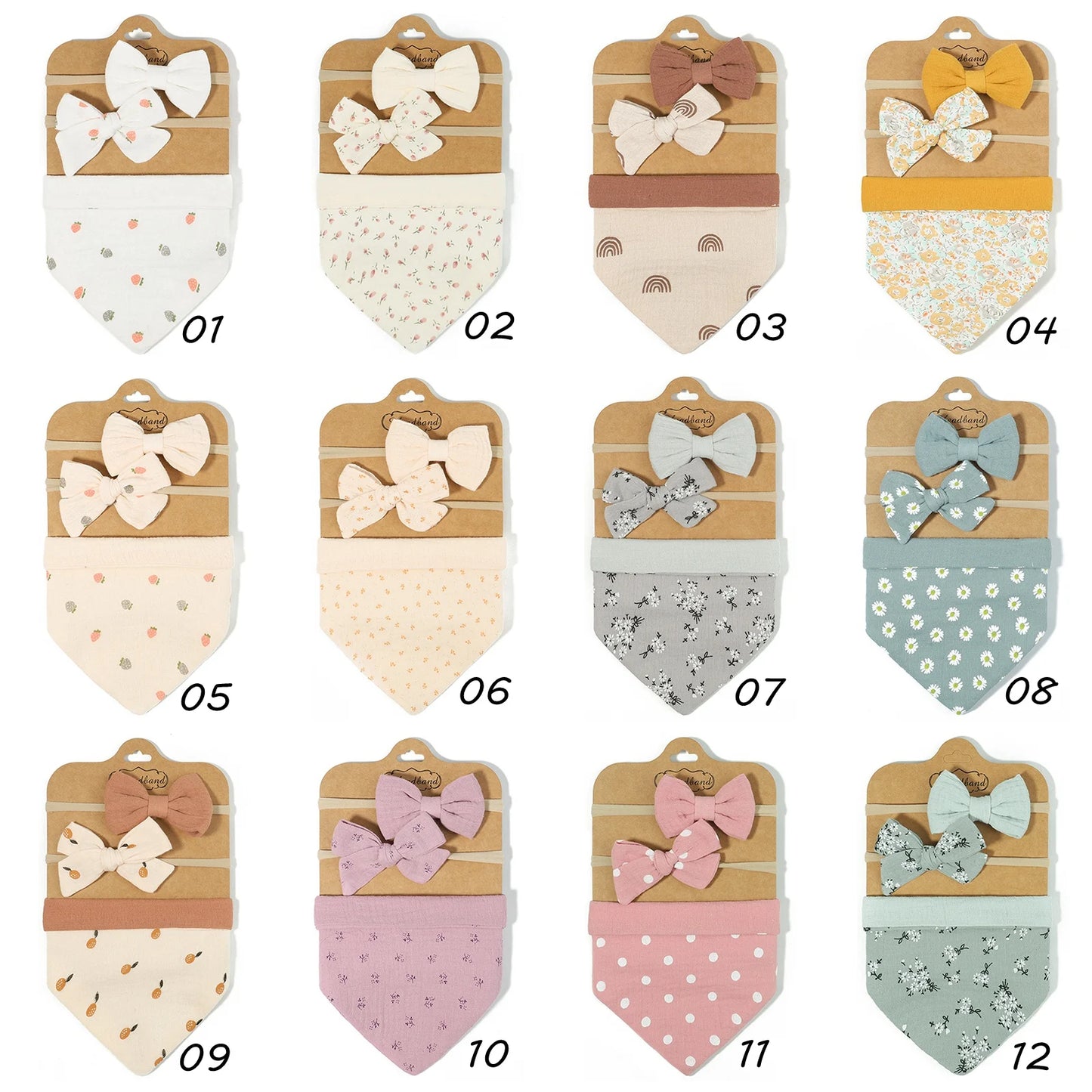 3Pcs/Set Muslin Cotton Print Bib Newborn Bows Headband Triangle Saliva Towel Infant Boy Girl Feeding Burp Baby Hair Accessories