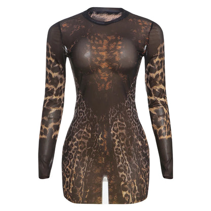 Nibber See Through Dress Women Sexy Coquette Leopard Print Full Sleeve o-Neck Stretch Wild Mini Bodycon Midnight Party Clubwear