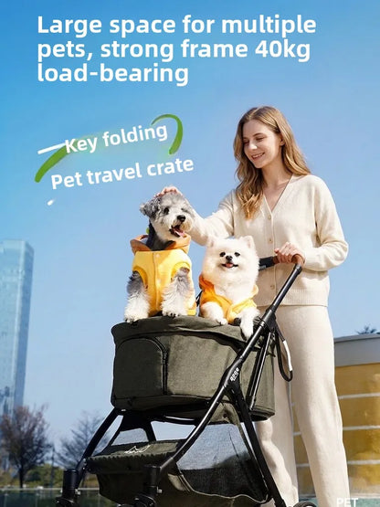 Breathable Large Space Pet Stroller One-Click Foldable Detachable Hand Cart For Dogs Cats Outdoor Travel